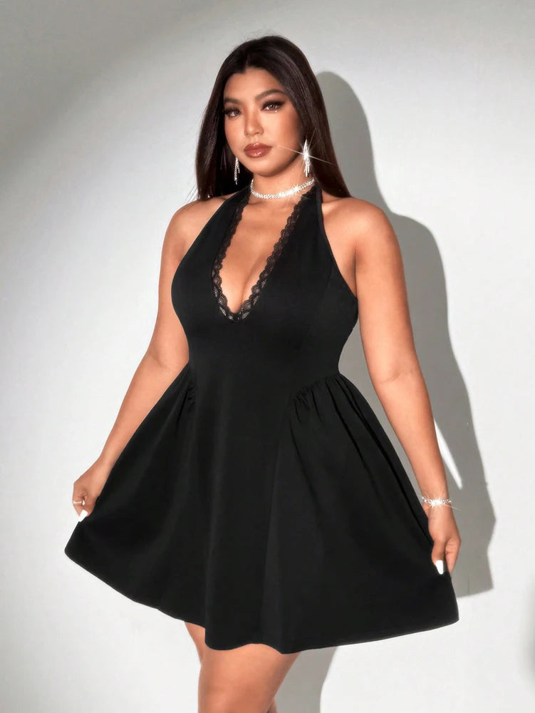 Plus - Size V-Neck Lace Trim Sleeveless Dress with Puffy Skirt
