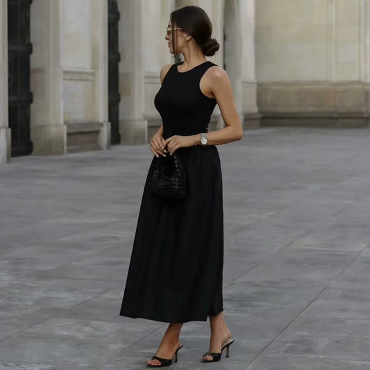 Black Pleated Long Dresses - Knitted Sleeveless Maxi Dress Woman Vintage Casual Dress