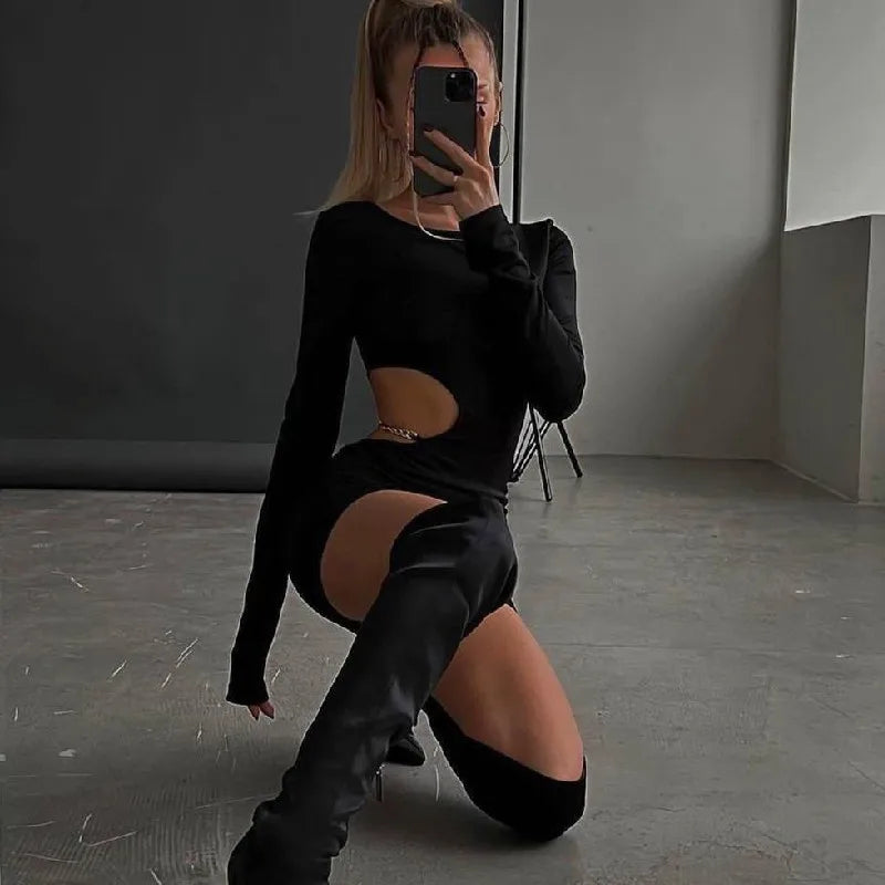 Cut Out Chain Mini Dress Casual Long Sleeve Bodycon Dress