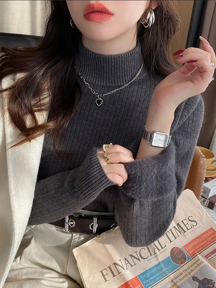 Women's Turtleneck Sweater with Lining Thickened Inner, Thermal Knitting Bottoming Shirt Pullovers