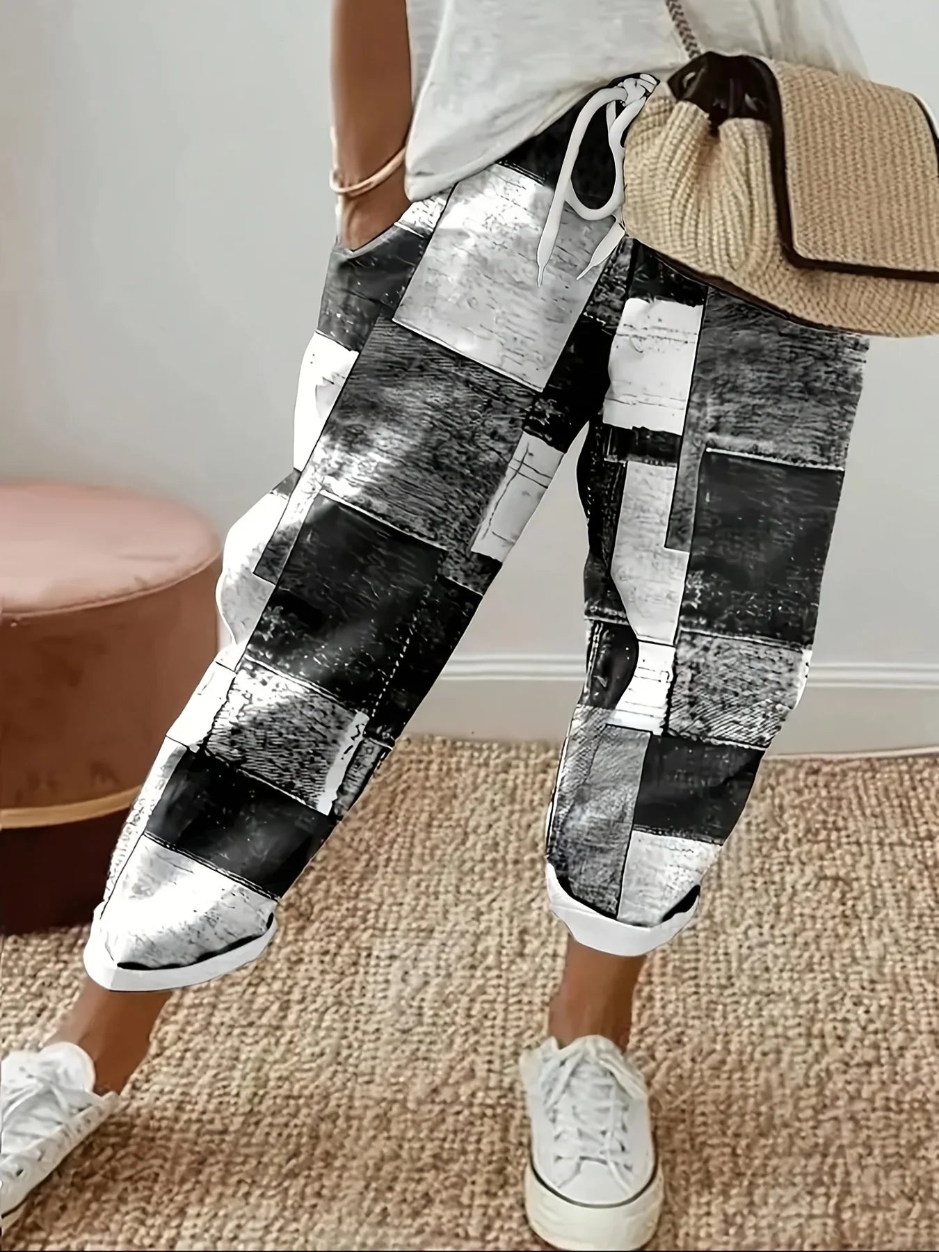Plus Size 1XL-5XL Women's Fashion Floral Print Straight Elastic Drawstring Pocket Pants