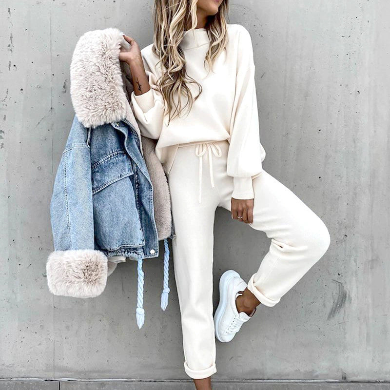 Winter Women's Sweater High Collar Casual Pure Color Trousers Two-piece Set