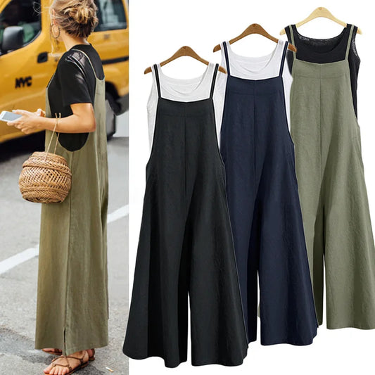Women Straps Jumpsuit Solid Color Wide Leg Pants Overalls Casual Loose Sleeveless Cotton Linen Jumpsuits 5Xl
