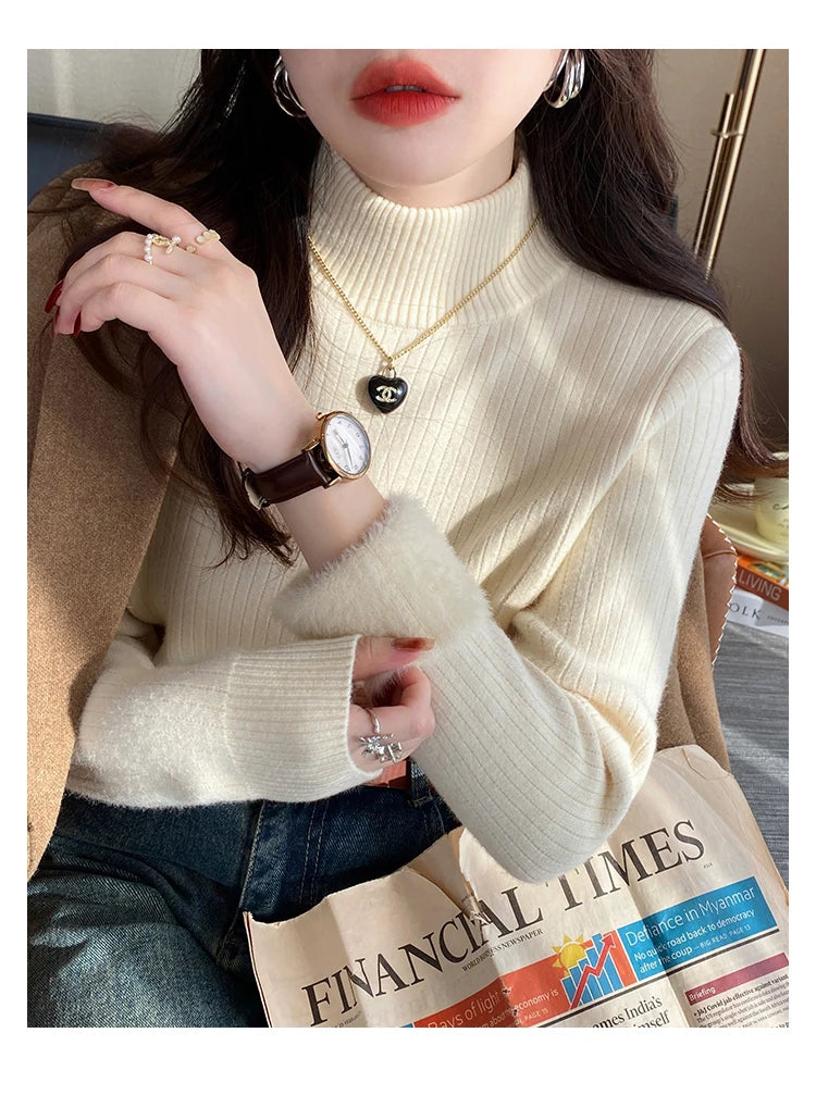 Women's Turtleneck Sweater with Lining Thickened Inner, Thermal Knitting Bottoming Shirt Pullovers