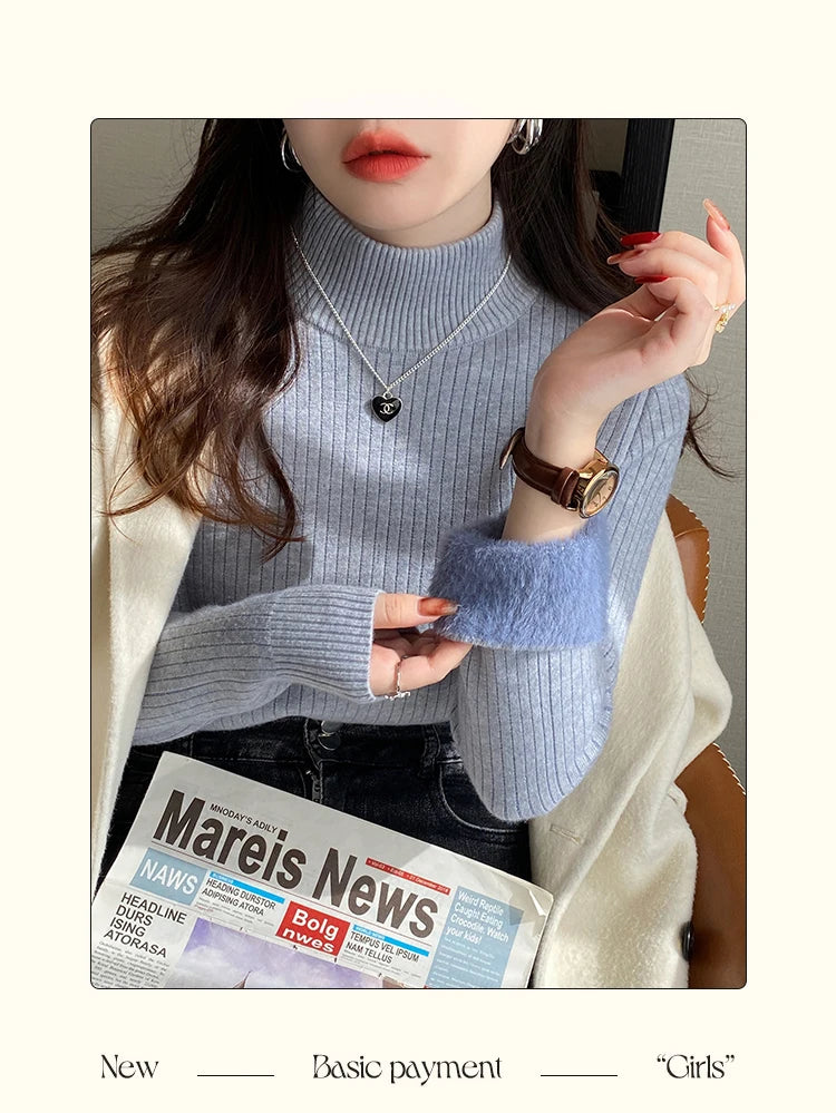Women's Turtleneck Sweater with Lining Thickened Inner, Thermal Knitting Bottoming Shirt Pullovers