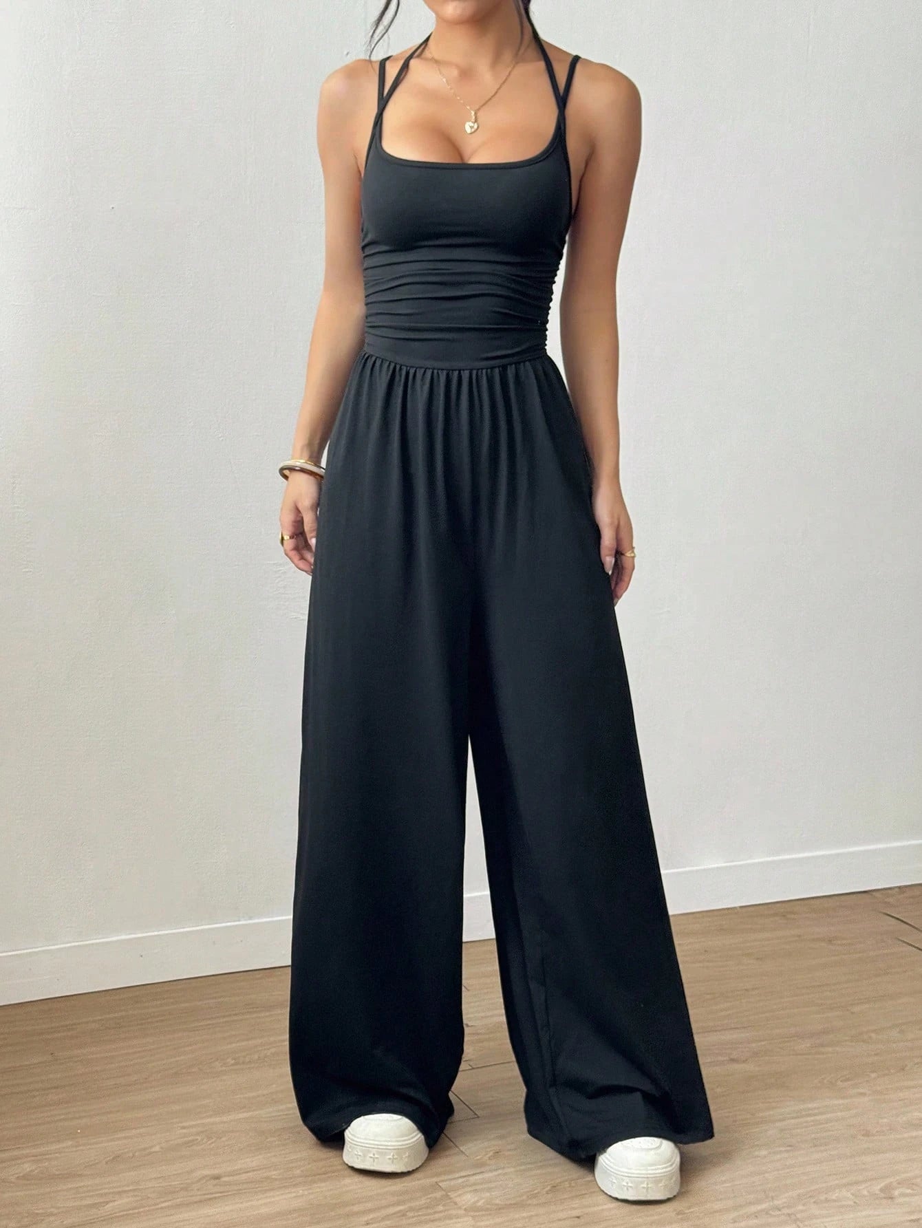 Women's Casual Pleated Loose Straight Leg Jumpsuit,