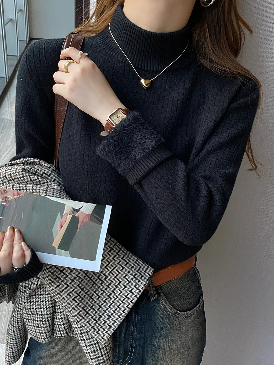Women's Turtleneck Sweater with Lining Thickened Inner, Thermal Knitting Bottoming Shirt Pullovers