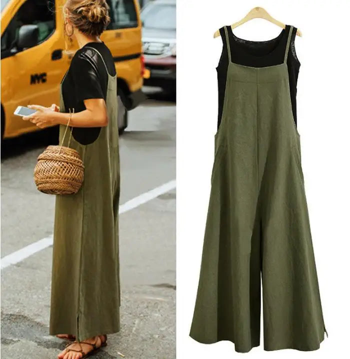 Women Straps Jumpsuit Solid Color Wide Leg Pants Overalls Casual Loose Sleeveless Cotton Linen Jumpsuits 5Xl