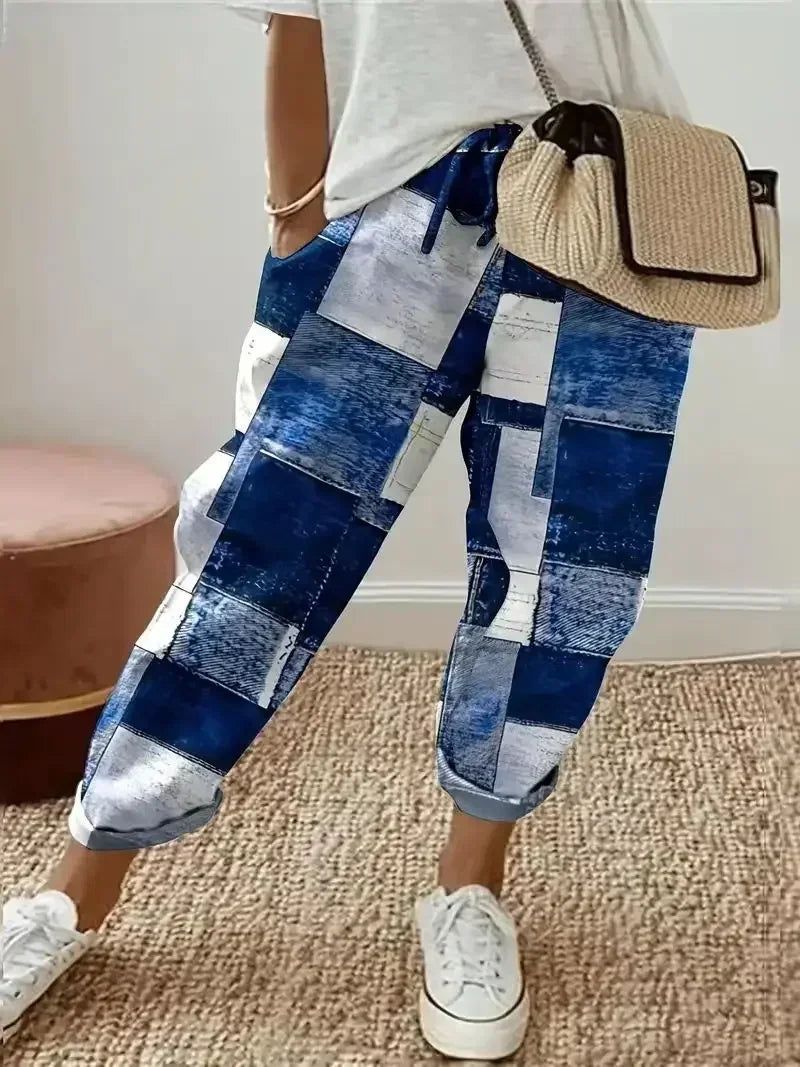Plus Size 1XL-5XL  Women's Fashion Floral Print Straight Elastic Drawstring Pocket Pants