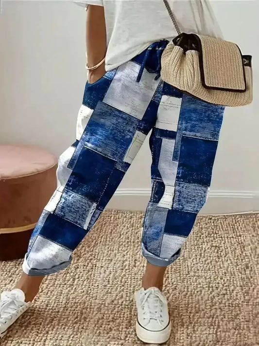 Plus Size 1XL-5XL  Women's Fashion Floral Print Straight Elastic Drawstring Pocket Pants