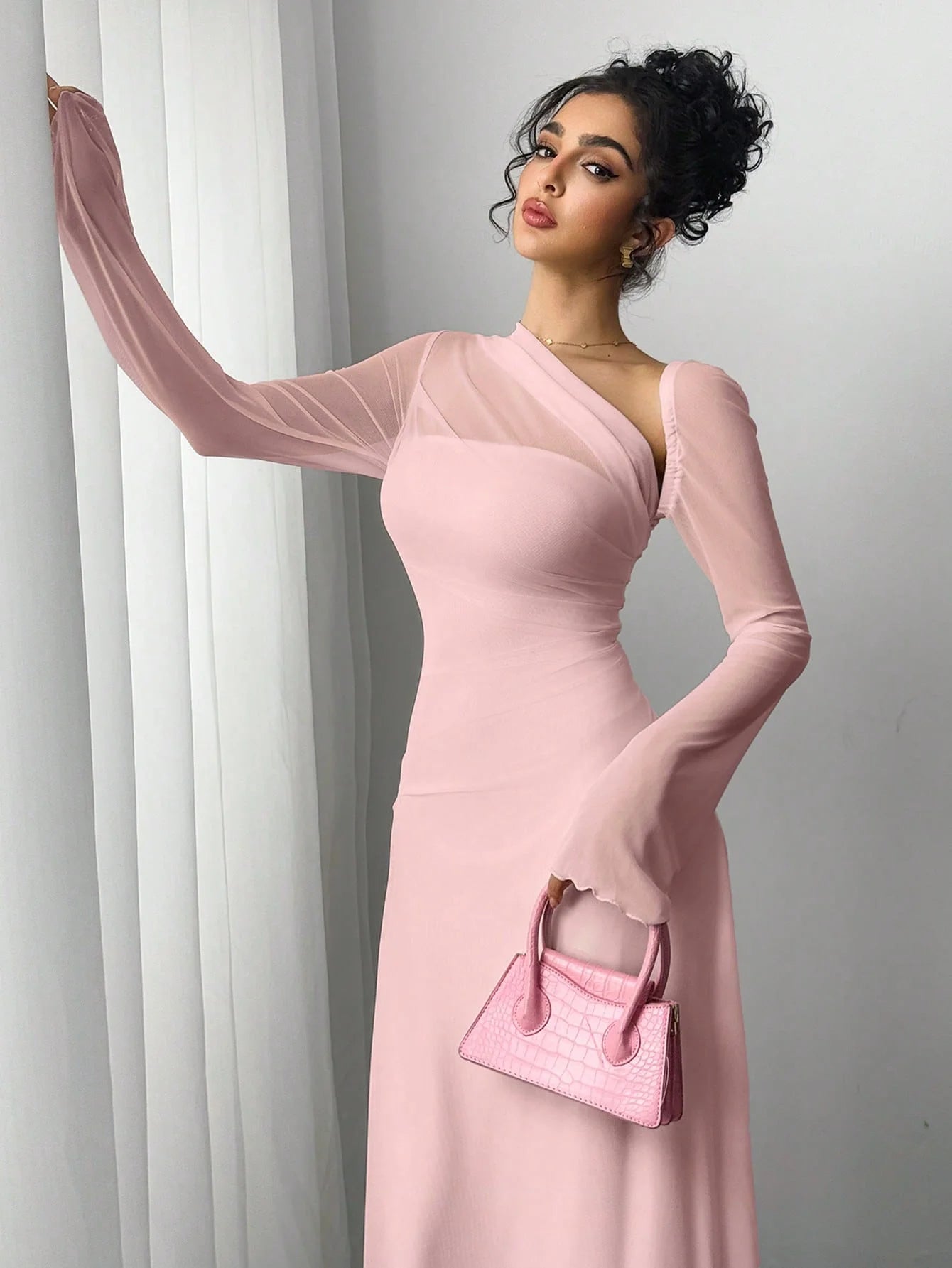Women's pink irregular diagonal shoulder long dress