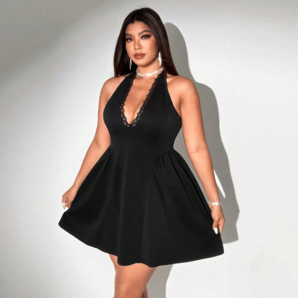 Plus - Size V-Neck Lace Trim Sleeveless Dress with Puffy Skirt