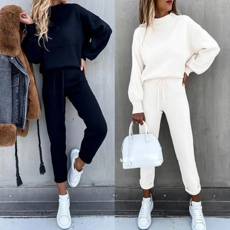Winter Women's Sweater High Collar Casual Pure Color Trousers Two-piece Set
