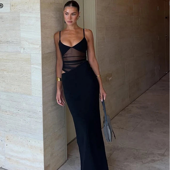 Mesh Sheer Slip Maxi Dress Sleeveless Cut Out V Neck Split Dresses