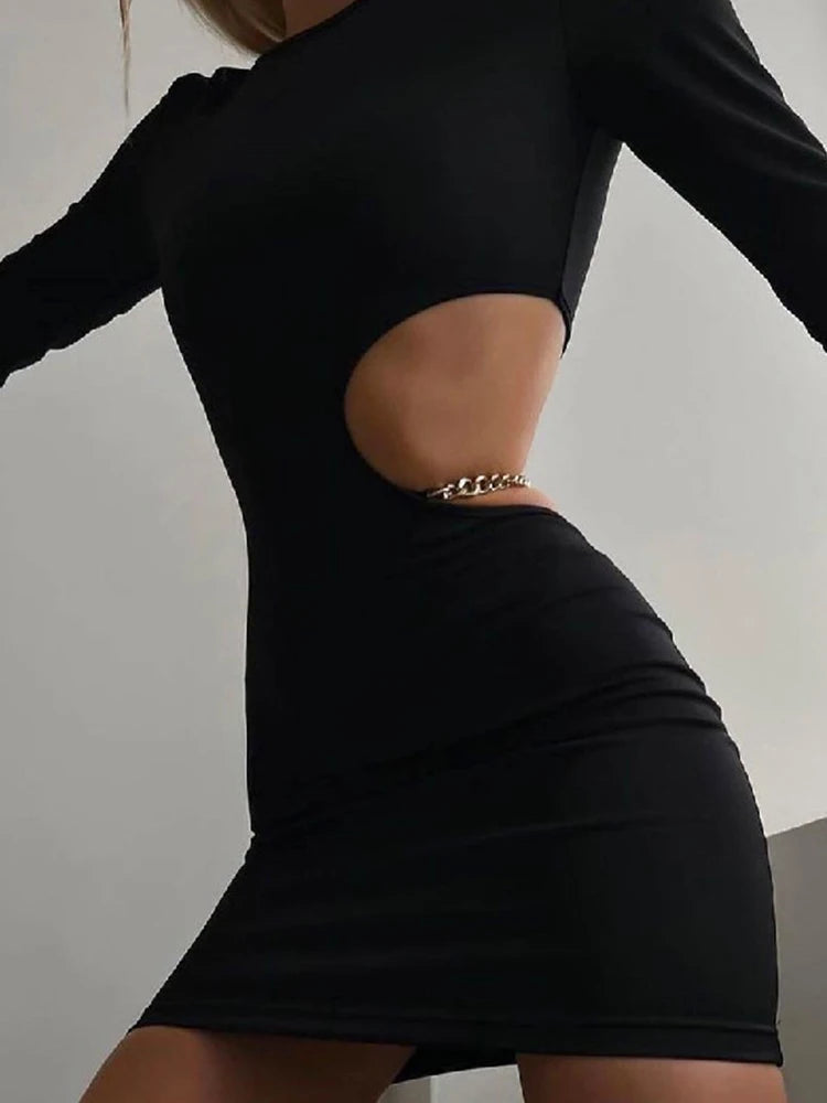 Cut Out Chain Mini Dress Casual Long Sleeve Bodycon Dress