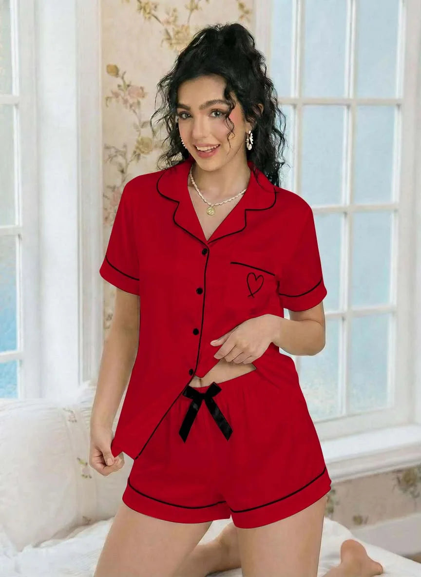 Pajama Casual Set Heart Embroidered --Top and Shorts