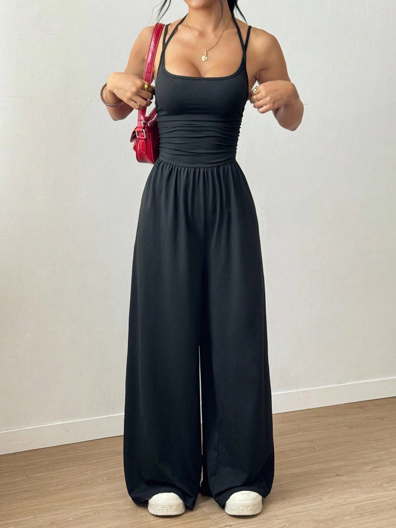 Women's Casual Pleated Loose Straight Leg Jumpsuit,