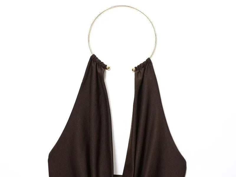 Sexy Bodysuit With Ring Halter Neck - Ruched Backless Bodysuits One Pieces