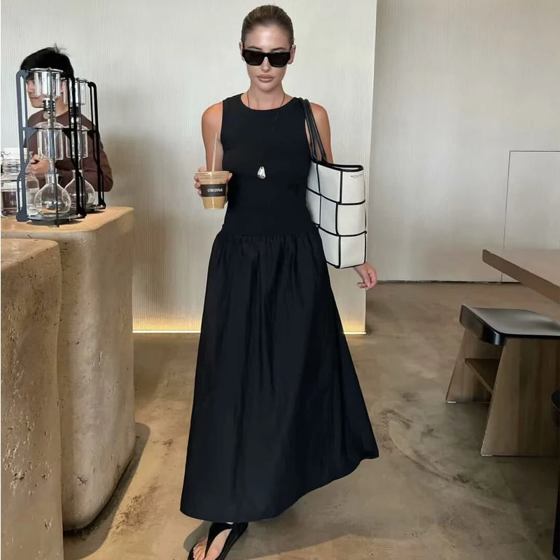 Black Pleated Long Dresses - Knitted Sleeveless Maxi Dress Woman Vintage Casual Dress
