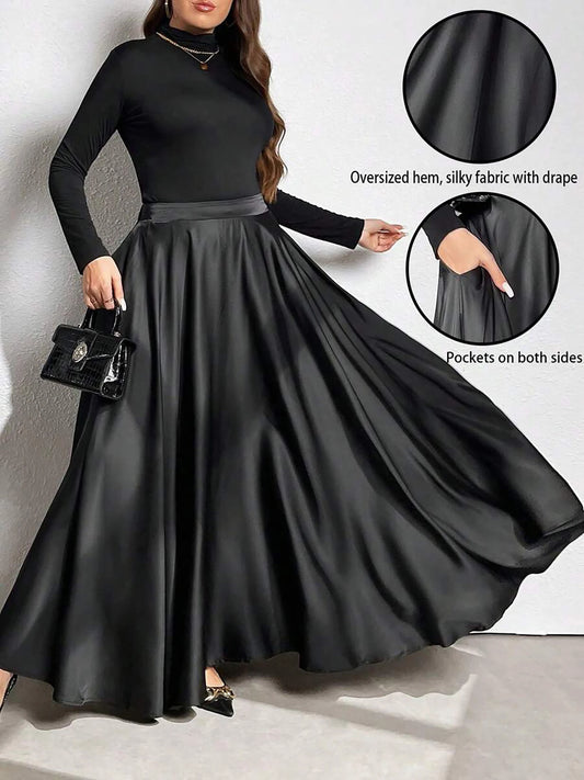 Plus-Size Women's Elegant Solid Color Flared Skirt, Elastic Waist at the Back, with Pockets