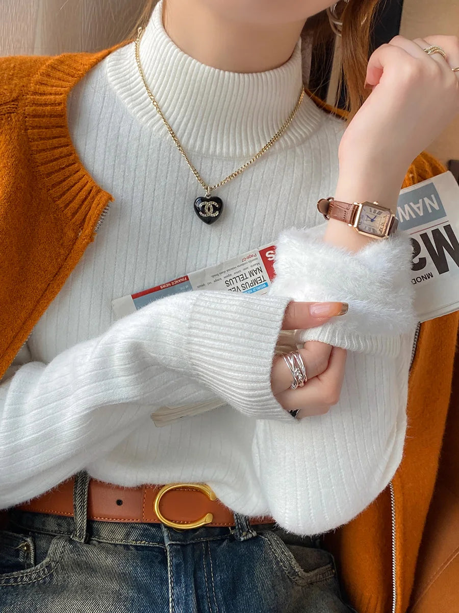 Women's Turtleneck Sweater with Lining Thickened Inner, Thermal Knitting Bottoming Shirt Pullovers