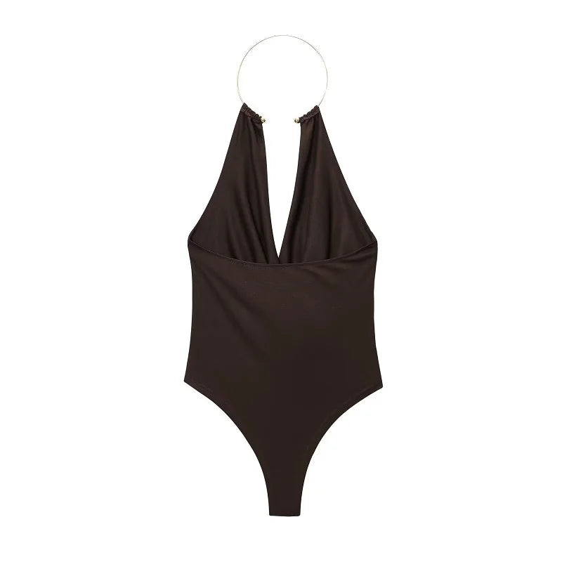 Sexy Bodysuit With Ring Halter Neck - Ruched Backless Bodysuits One Pieces