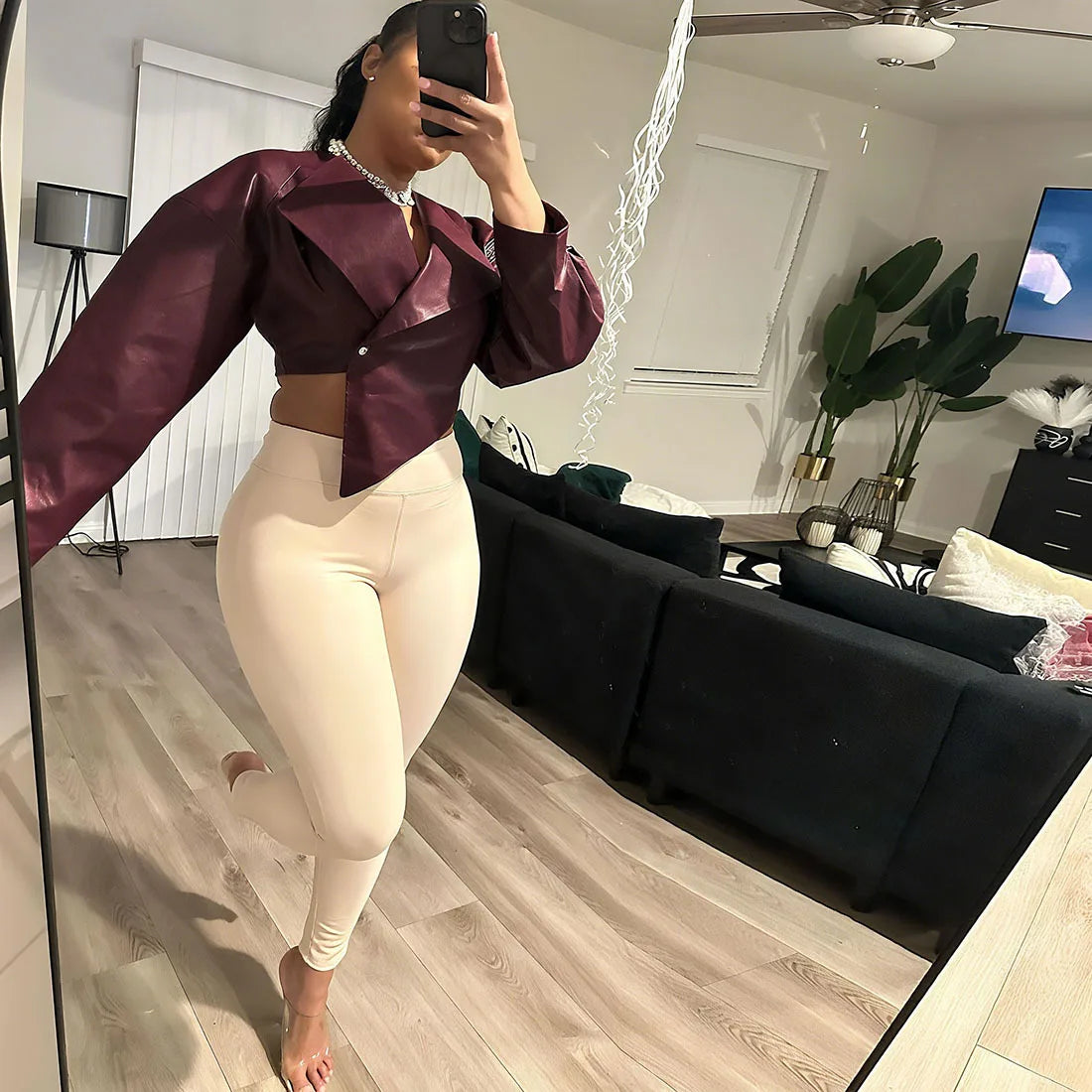 Burgundy PU Leather Cropped Coats / Jacket