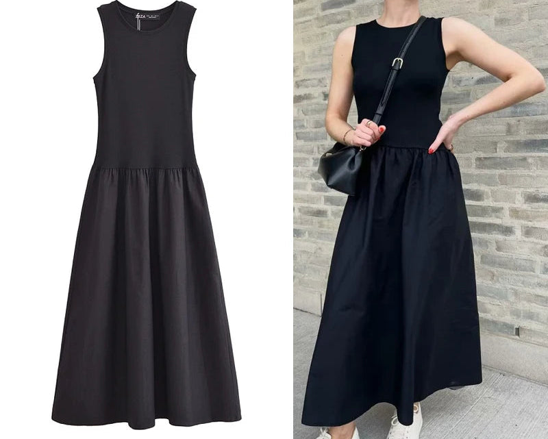 Black Pleated Long Dresses - Knitted Sleeveless Maxi Dress Woman Vintage Casual Dress