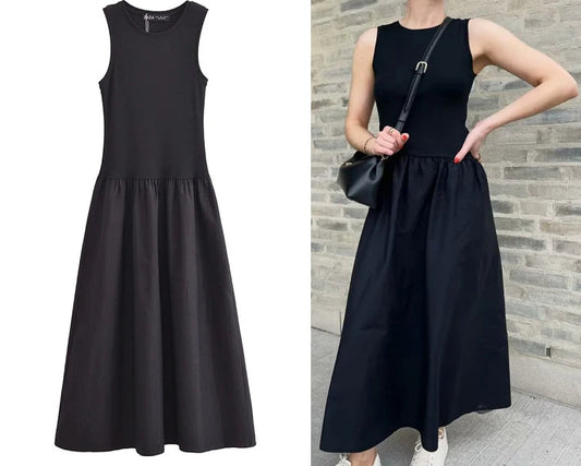 Black Pleated Long Dresses - Knitted Sleeveless Maxi Dress Woman Vintage Casual Dress