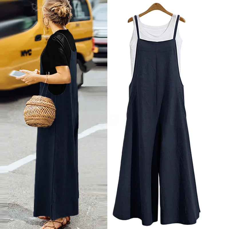 Women Straps Jumpsuit Solid Color Wide Leg Pants Overalls Casual Loose Sleeveless Cotton Linen Jumpsuits 5Xl