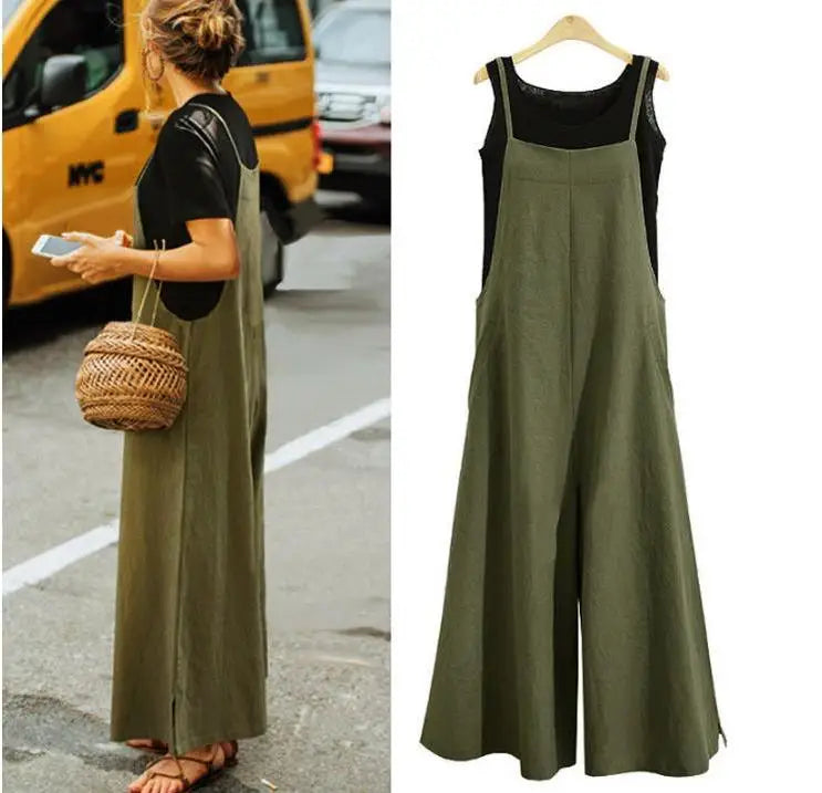 Women Straps Jumpsuit Solid Color Wide Leg Pants Overalls Casual Loose Sleeveless Cotton Linen Jumpsuits 5Xl