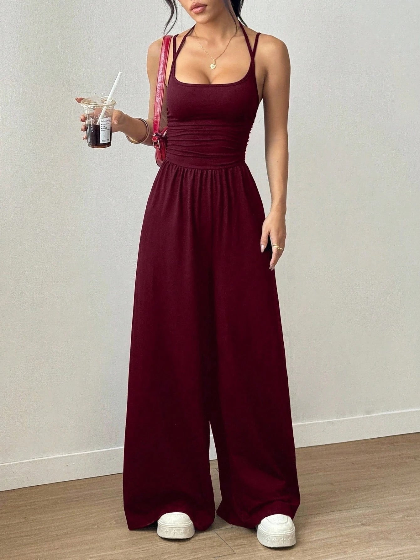 Women's Casual Pleated Loose Straight Leg Jumpsuit,