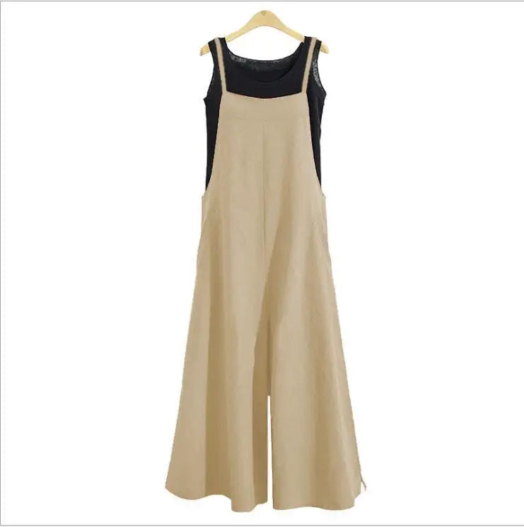 Women Straps Jumpsuit Solid Color Wide Leg Pants Overalls Casual Loose Sleeveless Cotton Linen Jumpsuits 5Xl