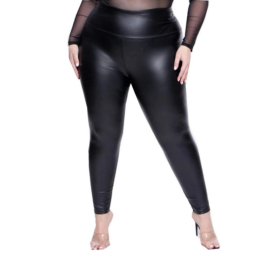 Plus Size High - Waisted Faux Leather Leggings - Stretchy Skinny Fit