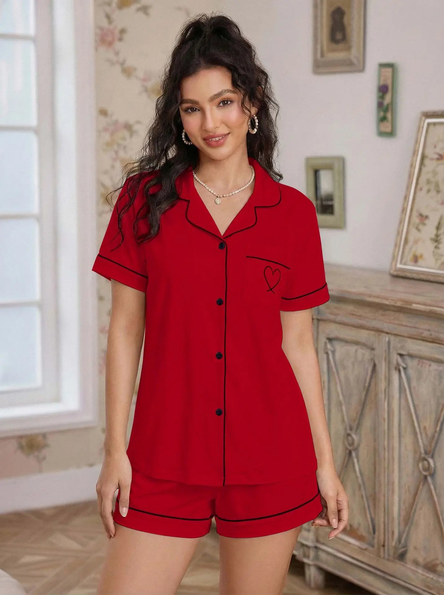 Pajama Casual Set Heart Embroidered --Top and Shorts