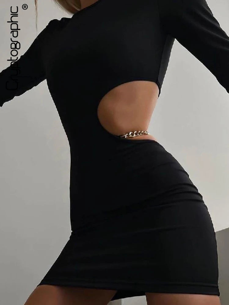 Cut Out Chain Mini Dress Casual Long Sleeve Bodycon Dress
