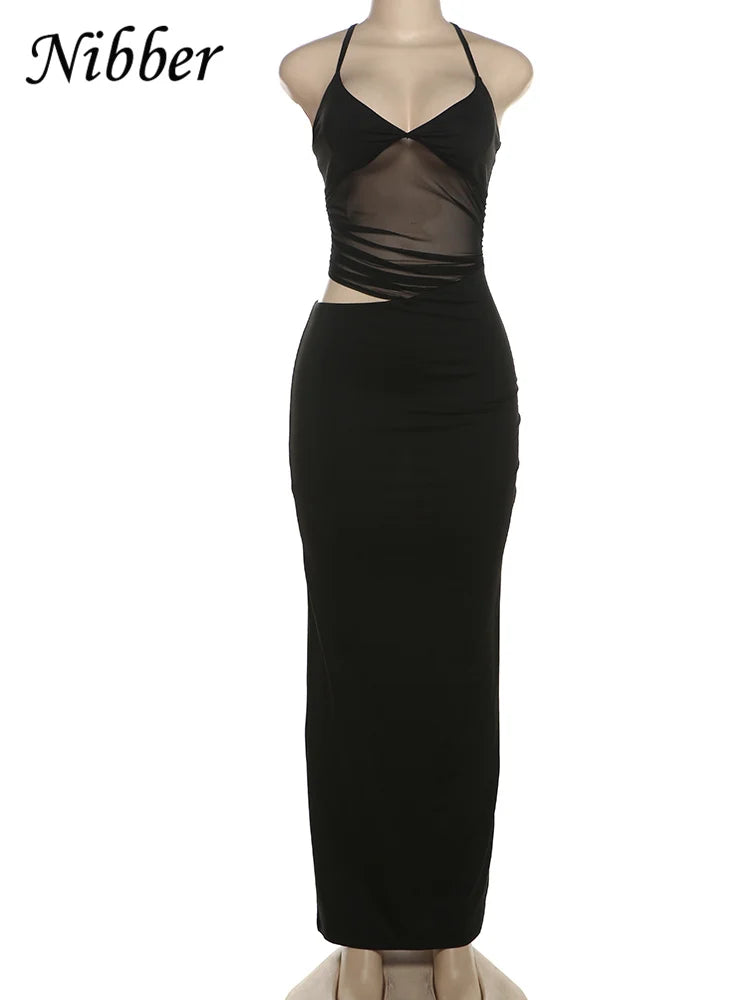 Nibber Mesh Dress Women Sexy Backless Sleeveless Skinny Stretch Elegant Maxi Bodycon