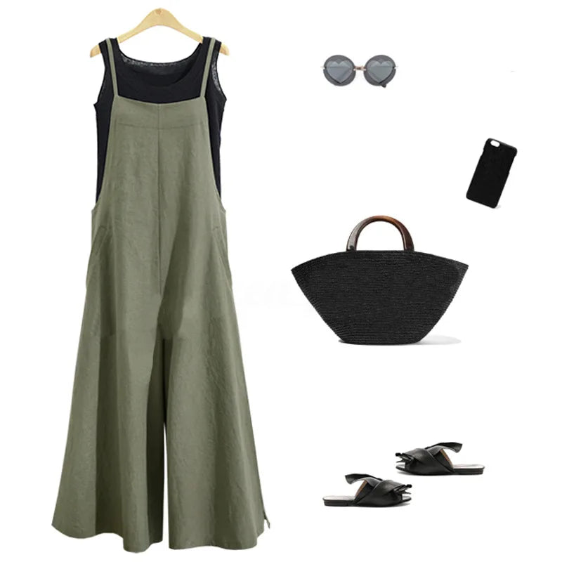 Women Straps Jumpsuit Solid Color Wide Leg Pants Overalls Casual Loose Sleeveless Cotton Linen Jumpsuits 5Xl