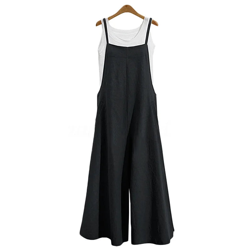 Women Straps Jumpsuit Solid Color Wide Leg Pants Overalls Casual Loose Sleeveless Cotton Linen Jumpsuits 5Xl