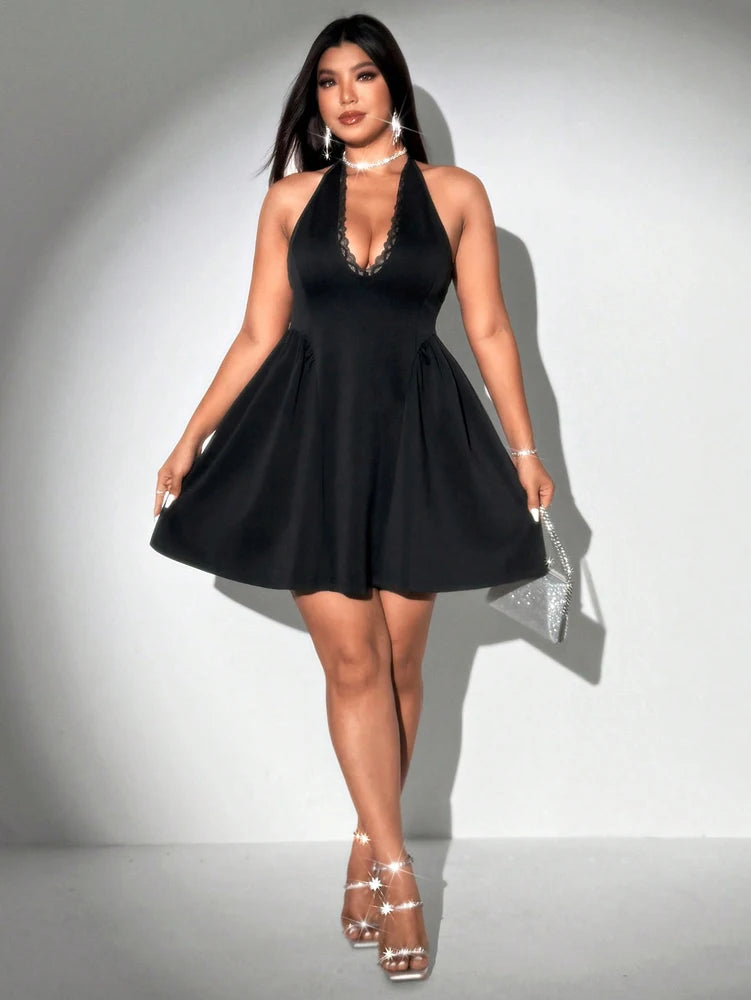 Plus - Size V-Neck Lace Trim Sleeveless Dress with Puffy Skirt