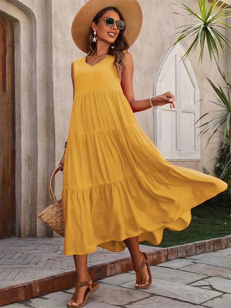 2024 Women Dress Summer Casual Brand Dresses Elegant Yellow Black Dress Femme