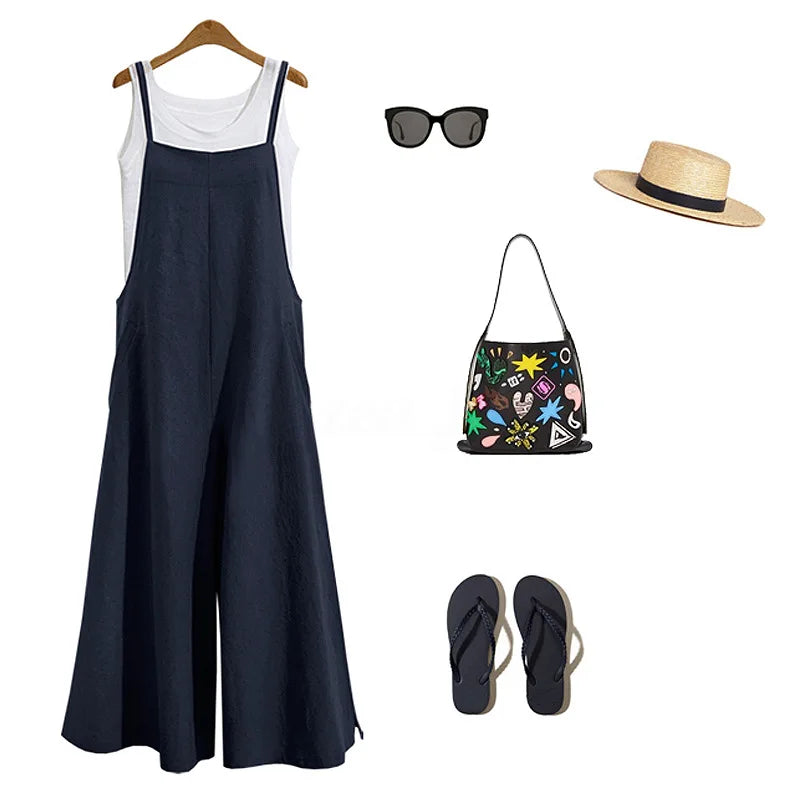 Women Straps Jumpsuit Solid Color Wide Leg Pants Overalls Casual Loose Sleeveless Cotton Linen Jumpsuits 5Xl