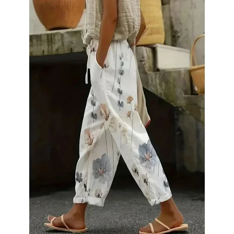 Plus Size 1XL-5XL  Women's Fashion Floral Print Straight Elastic Drawstring Pocket Pants