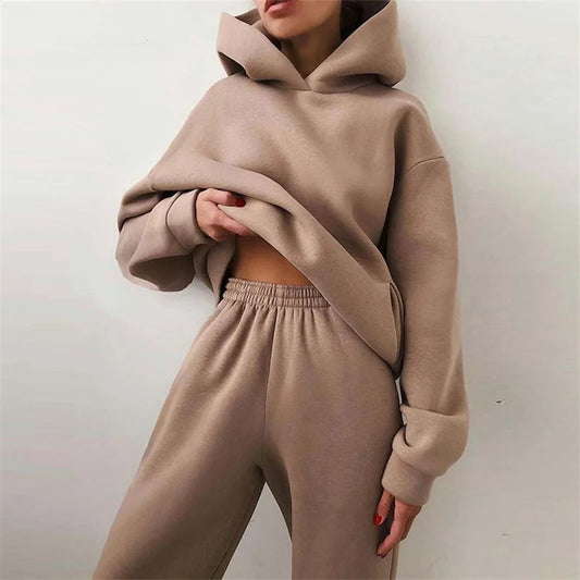 Women's Oversized Tracksuit Set Warm Autumn Fashion Hoodie Sweatshirts & Long Pants Casual Two-Piece Solid Hoody Pullover Outfit