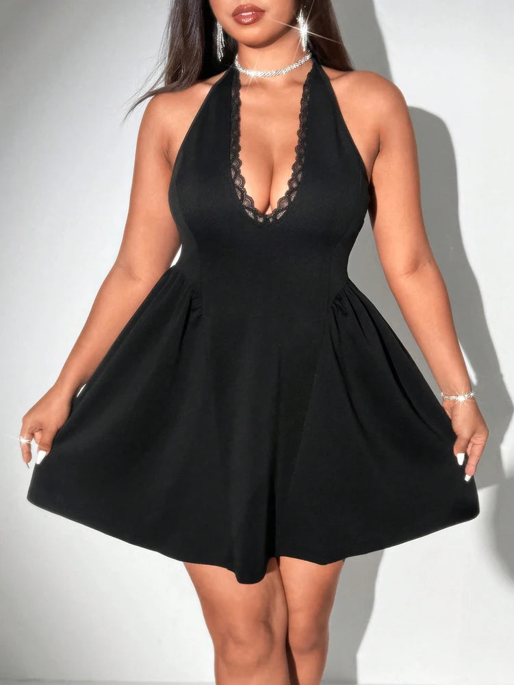Plus - Size V-Neck Lace Trim Sleeveless Dress with Puffy Skirt