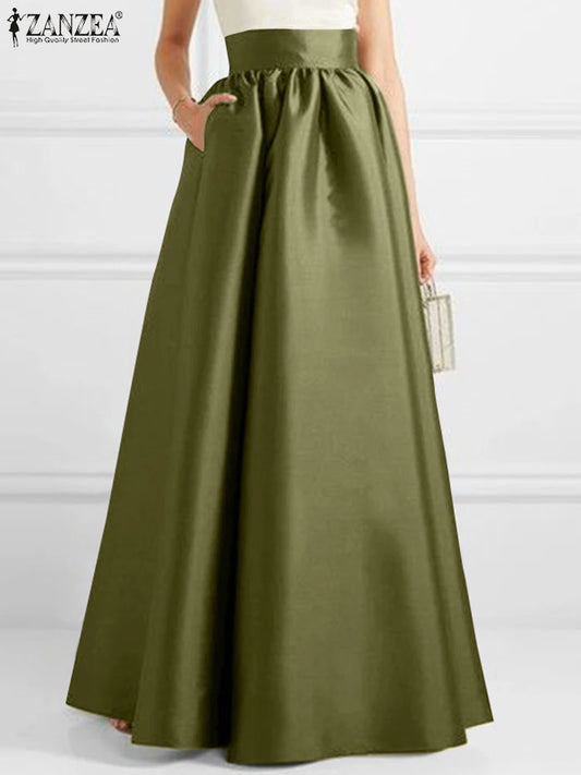 Satin Skirt - A-line Floor Length Solid Color High Waist Dress /Vintage / Oversized