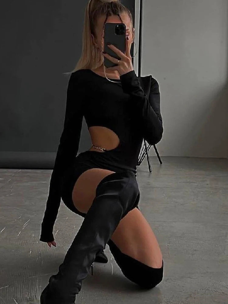 Cut Out Chain Mini Dress Casual Long Sleeve Bodycon Dress