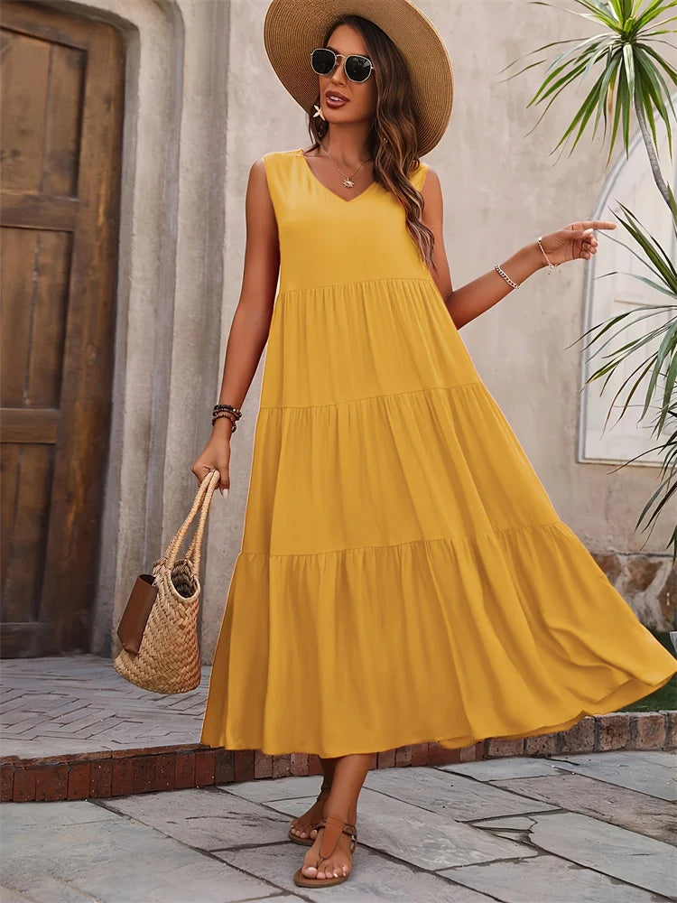 2024 Women Dress Summer Casual Brand Dresses Elegant Yellow Black Dress Femme