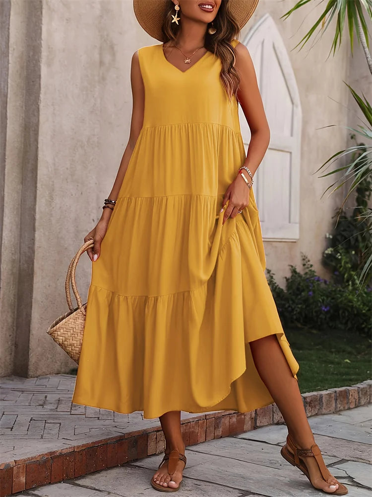 2024 Women Dress Summer Casual Brand Dresses Elegant Yellow Black Dress Femme