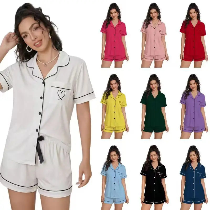 Pajama Casual Set Heart Embroidered --Top and Shorts